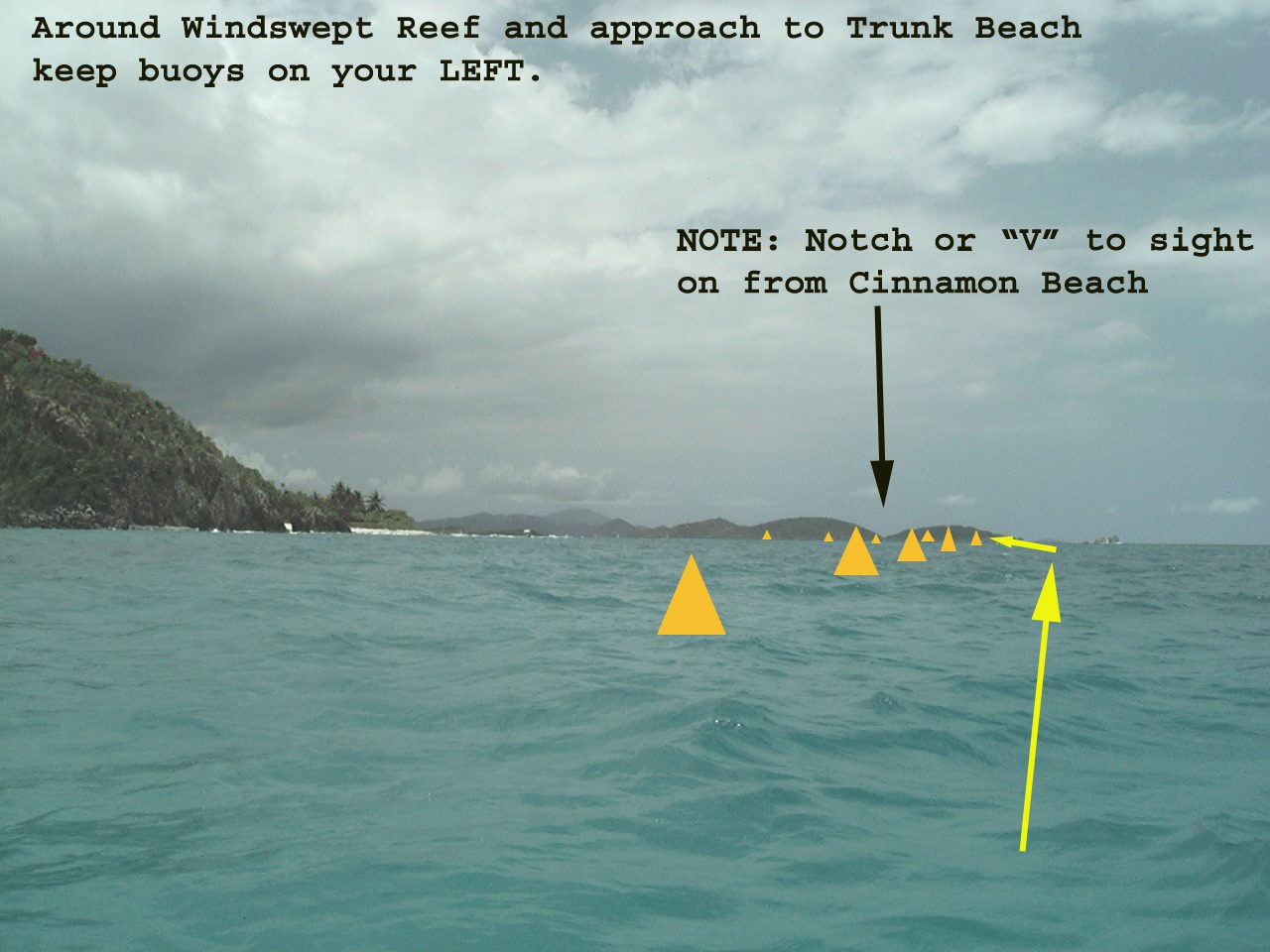 5. Around Windswept.  this is just a further out in the course view of that notch. Again, the real buoys are smaller than this. In the picture, the triangular buoys I put there are a little too far "out" from shore. TRUST THE NOTCH as a navigational point to swim to.