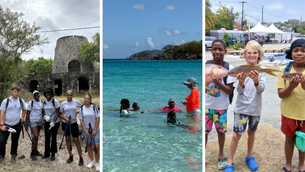 Children enjoying island activities: ruins, beach, fishing