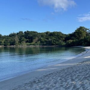 Secluded sandy cove with calm turquoise water
