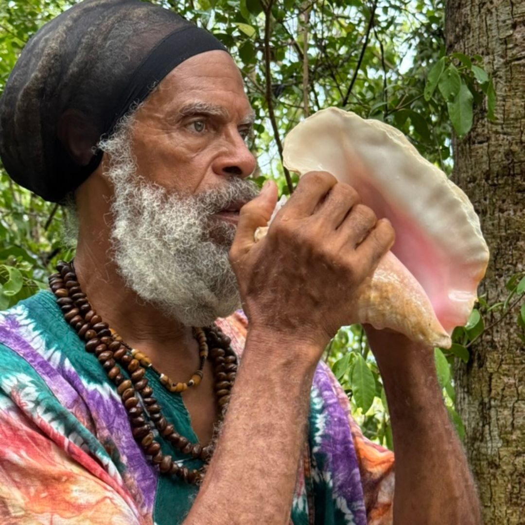 Person blowing large conch shell outdoors