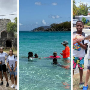 Children enjoying island activities: ruins, beach, fishing